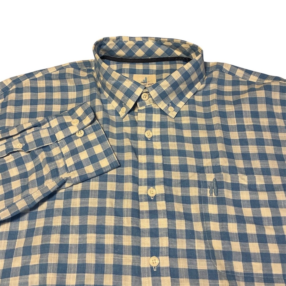 Johnnie-O Hangin Out Mens XL Blue Gingham Linen Blend Button Down Shirt L/S